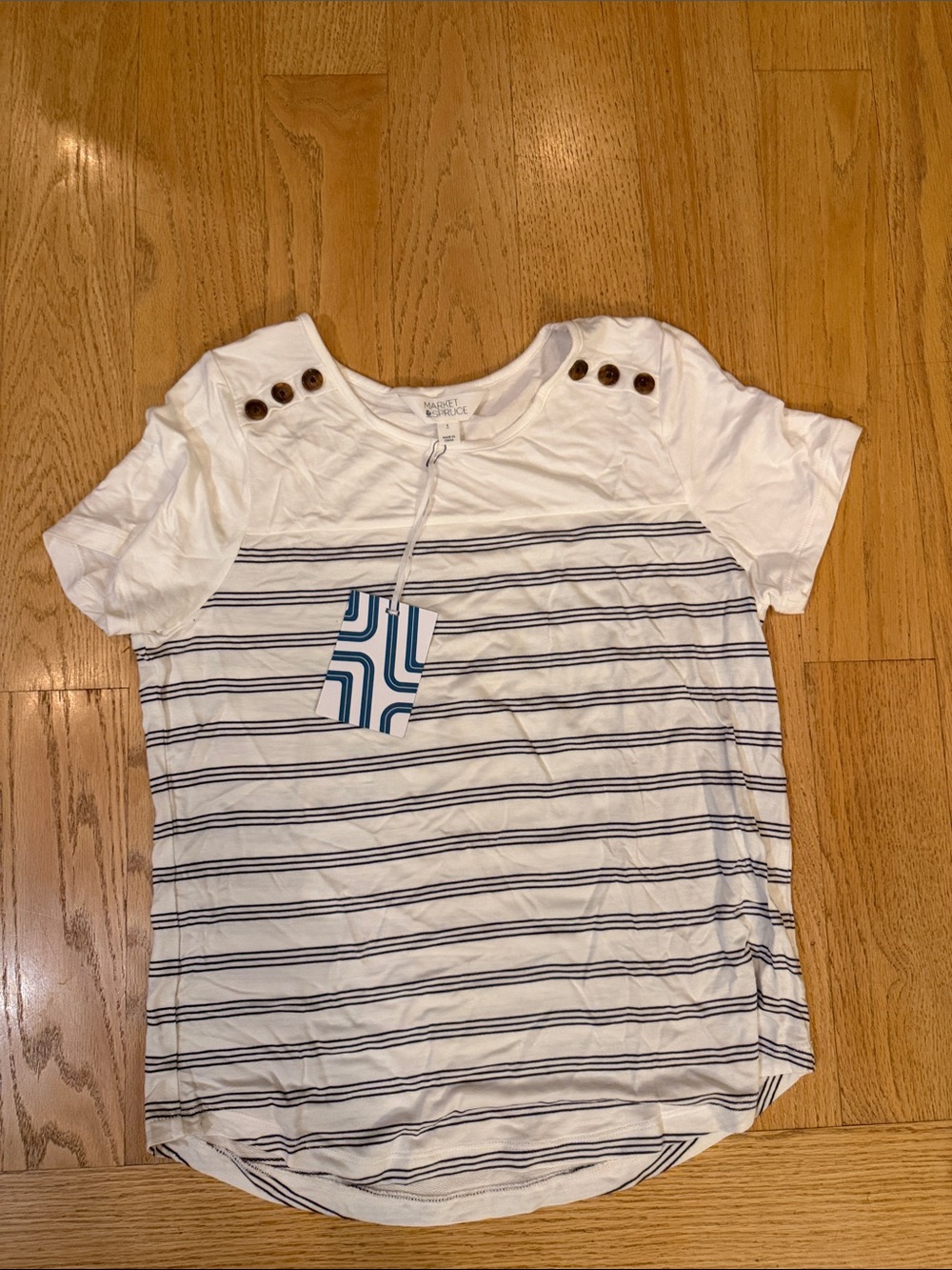 Market & Spruce White Tee with Navy Stripes and Shoulder Buttons